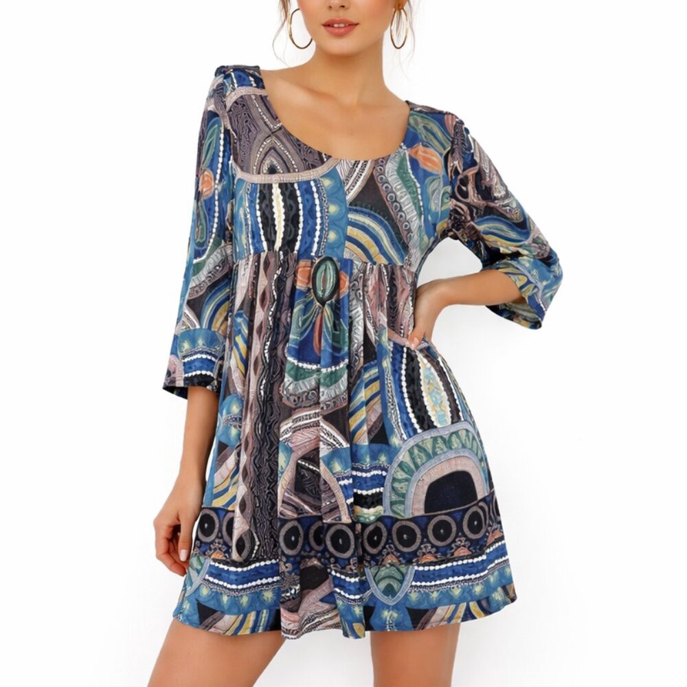 Sunny Leigh Dress Womens L Multicolor Geometric Floral Empire Waist Long Sleeve